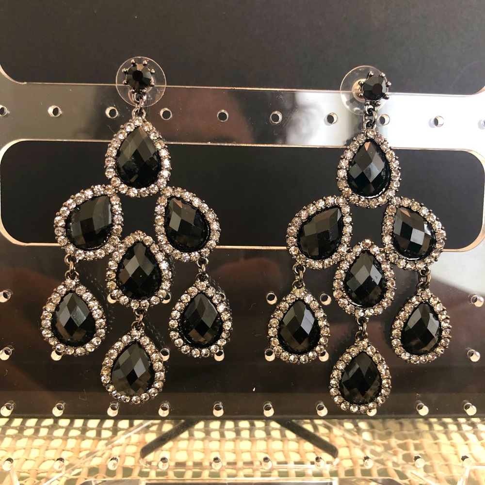 Black Crystal Tear Drop Chandelier Earrings
